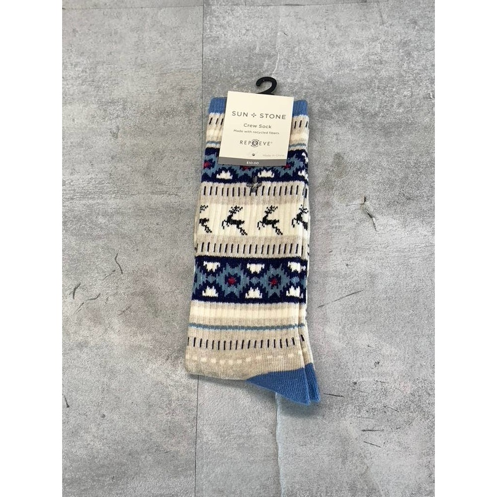 Sun + Stone Men's Blue/Tan Deer Fair Isle Fleece-Lined Crew Single Sock SZ 10-13